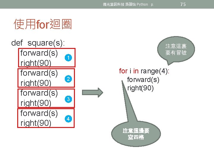 75 德光資訊科技 吳蓓怡 Python p. 使用for迴圈 def square(s): forward(s) 1 right(90) forward(s) 2 right(90)