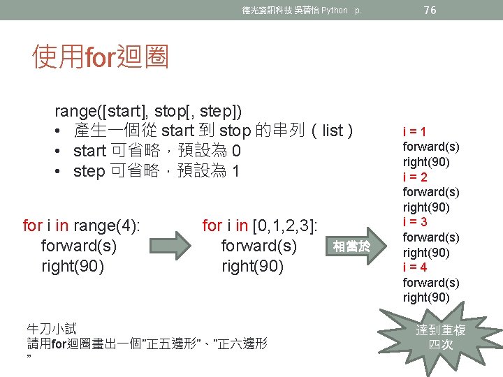 德光資訊科技 吳蓓怡 Python p. 76 使用for迴圈 range([start], stop[, step]) • 產生一個從 start 到 stop