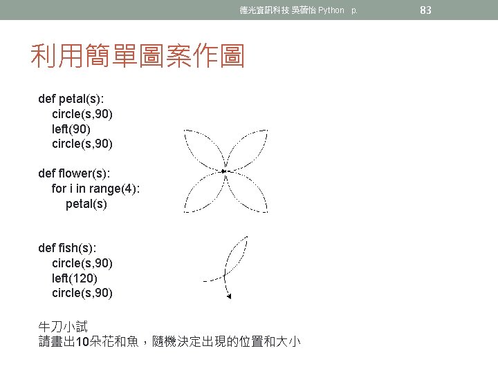 德光資訊科技 吳蓓怡 Python p. 利用簡單圖案作圖 def petal(s): circle(s, 90) left(90) circle(s, 90) def flower(s):