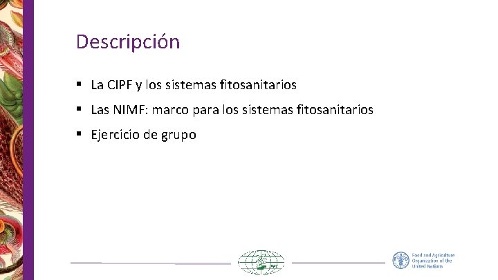 Descripción § La CIPF y los sistemas fitosanitarios § Las NIMF: marco para los Descripción § La CIPF y los sistemas fitosanitarios § Las NIMF: marco para los