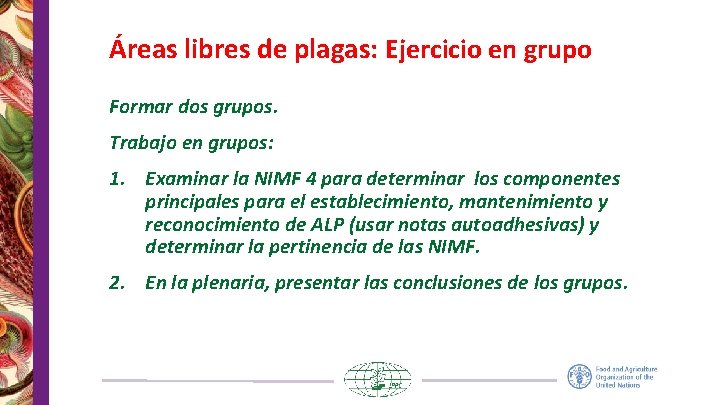 Áreas libres de plagas: Ejercicio en grupo Formar dos grupos. Trabajo en grupos: 1. Áreas libres de plagas: Ejercicio en grupo Formar dos grupos. Trabajo en grupos: 1.