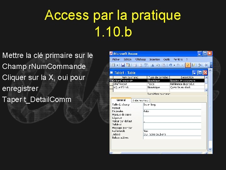 Access par la pratique 1. 10. b Mettre la clé primaire sur le Champ