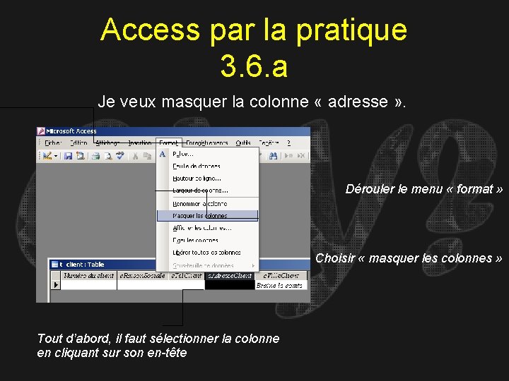 Access par la pratique 3. 6. a Je veux masquer la colonne « adresse