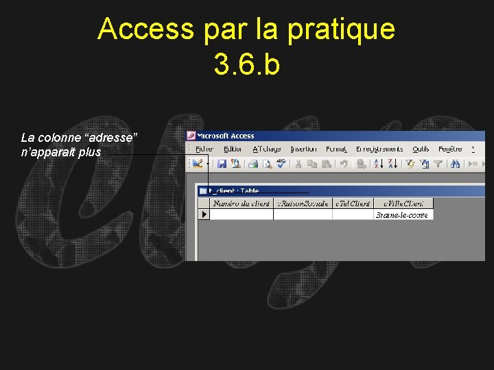 Access par la pratique 3. 6. b La colonne “adresse” n’apparait plus 