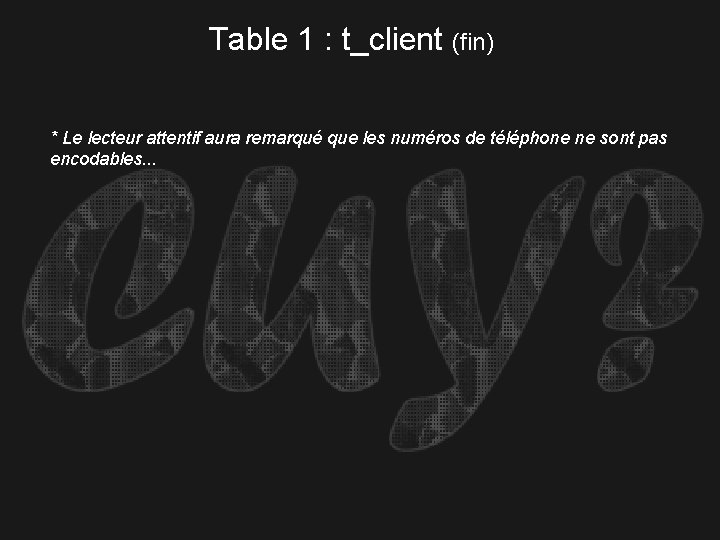 Table 1 : t_client (fin) * Le lecteur attentif aura remarqué que les numéros