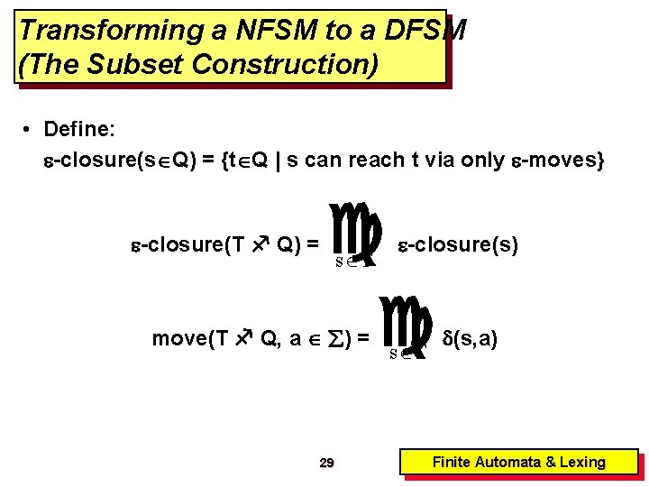 Transforming a NFSM to a DFSM (The Subset Construction) • Define: -closure(s Q) =