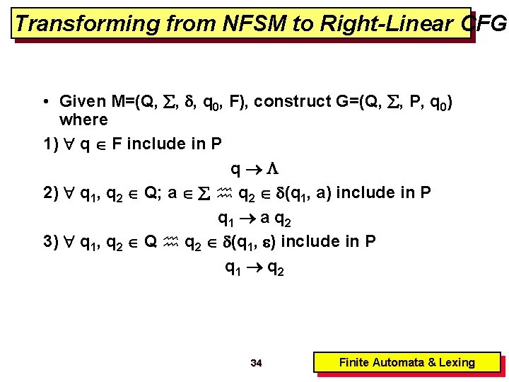 Transforming from NFSM to Right-Linear CFG • Given M=(Q, , , q 0, F),