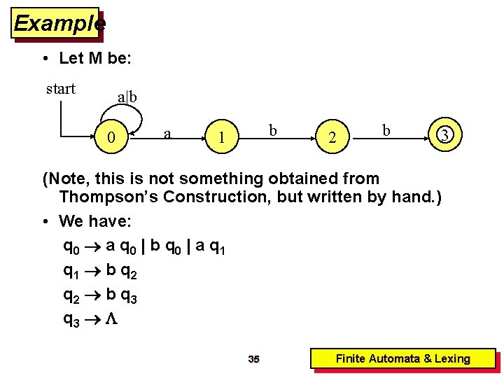 Example • Let M be: start a|b 0 a b 1 2 b 3