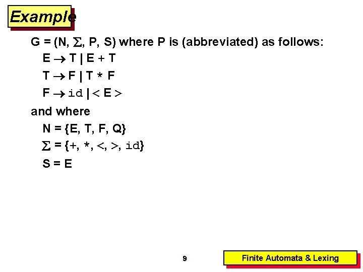 Example G = (N, , P, S) where P is (abbreviated) as follows: E