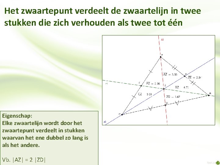 Het zwaartepunt verdeelt de zwaartelijn in twee stukken die zich verhouden als twee tot