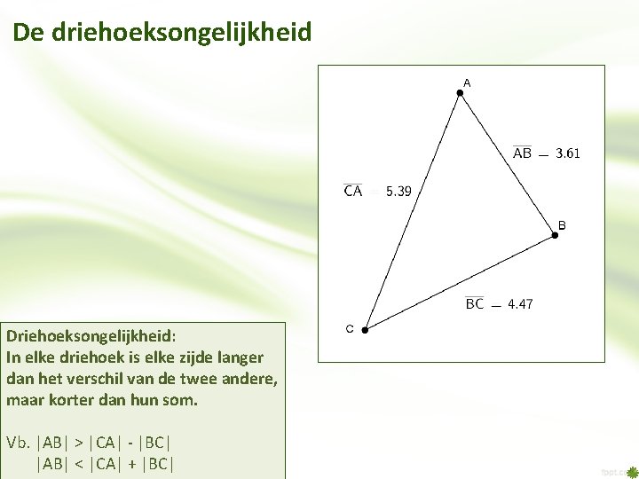 De driehoeksongelijkheid Driehoeksongelijkheid: In elke driehoek is elke zijde langer dan het verschil van