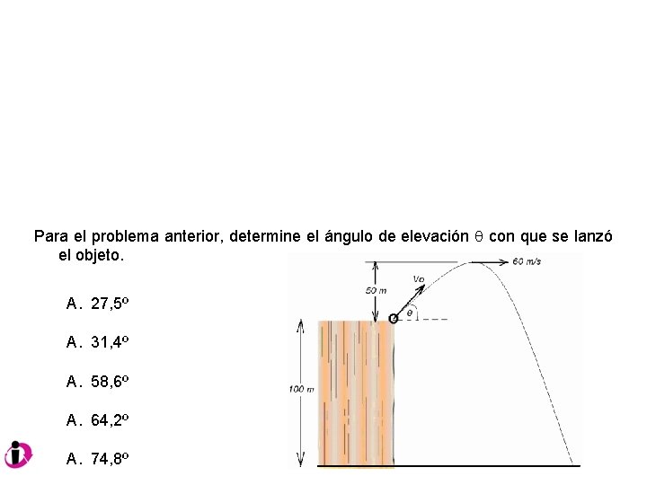 Para el problema anterior, determine el ángulo de elevación con que se lanzó el