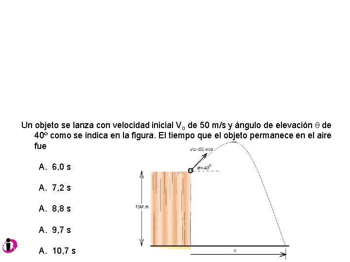 Un objeto se lanza con velocidad inicial Vo de 50 m/s y ángulo de