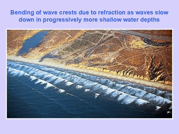 Bending of wave crests due to refraction as waves slow down in progressively more Bending of wave crests due to refraction as waves slow down in progressively more