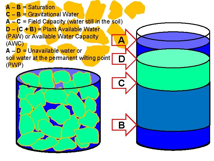 A – B = Saturation C – B = Gravitational Water A – C