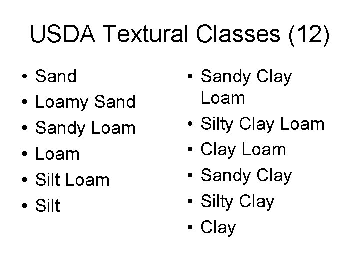 USDA Textural Classes (12) • • • Sand Loamy Sandy Loam Silt • Sandy