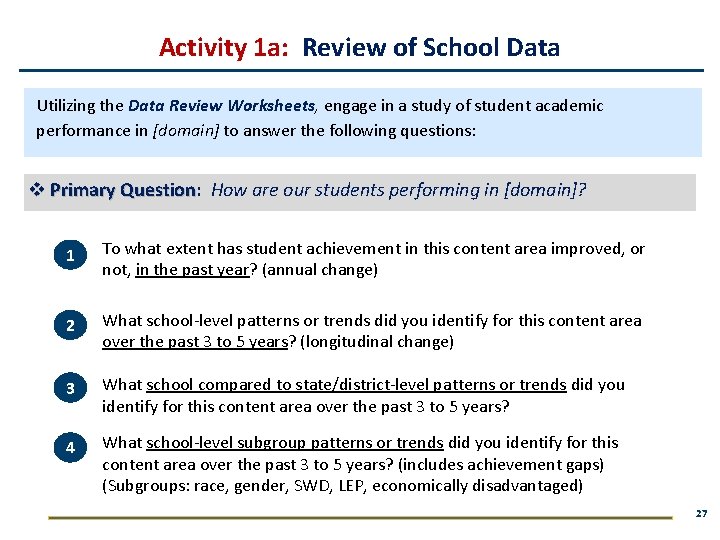 Activity 1 a: Review of School Data Utilizing the Data Review Worksheets, engage in