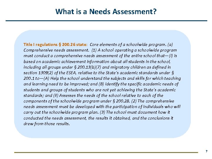 What is a Needs Assessment? Title I regulations § 200. 26 state: Core elements