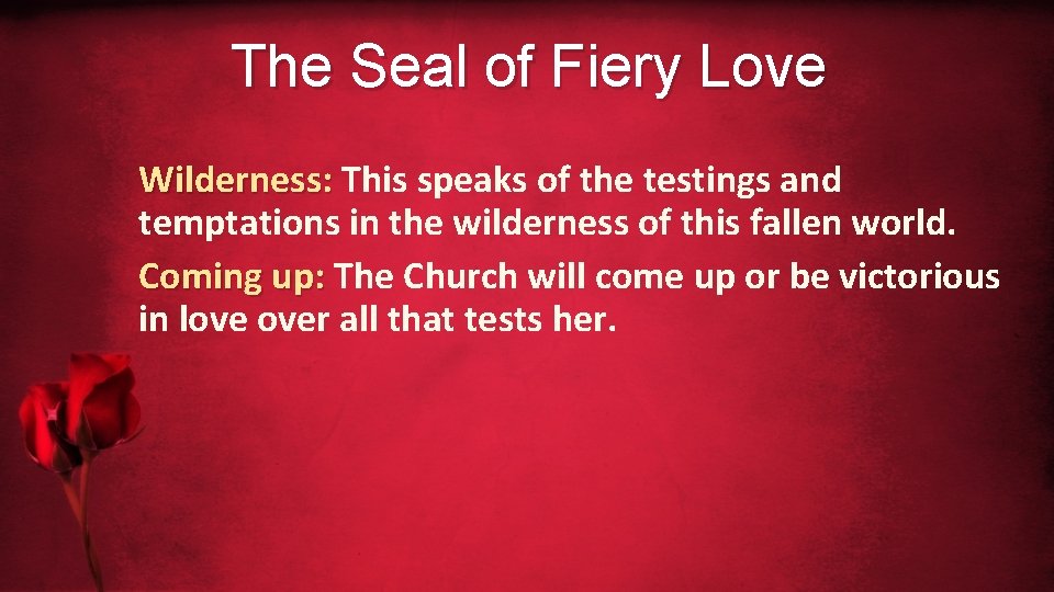 The Seal of Fiery Love Wilderness: This speaks of the testings and Wilderness: temptations