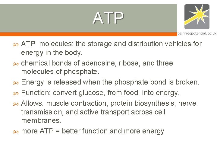 ATP ATP molecules: the storage and distribution vehicles for energy in the body. chemical ATP ATP molecules: the storage and distribution vehicles for energy in the body. chemical