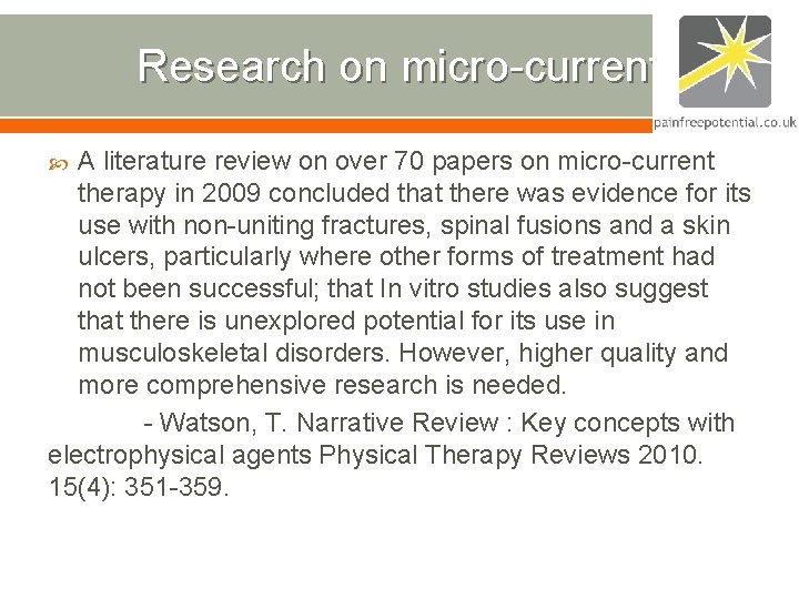 Research on micro-current A literature review on over 70 papers on micro-current therapy in Research on micro-current A literature review on over 70 papers on micro-current therapy in