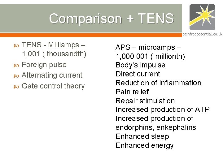 Comparison + TENS - Milliamps – 1, 001 ( thousandth) Foreign pulse Alternating current Comparison + TENS - Milliamps – 1, 001 ( thousandth) Foreign pulse Alternating current