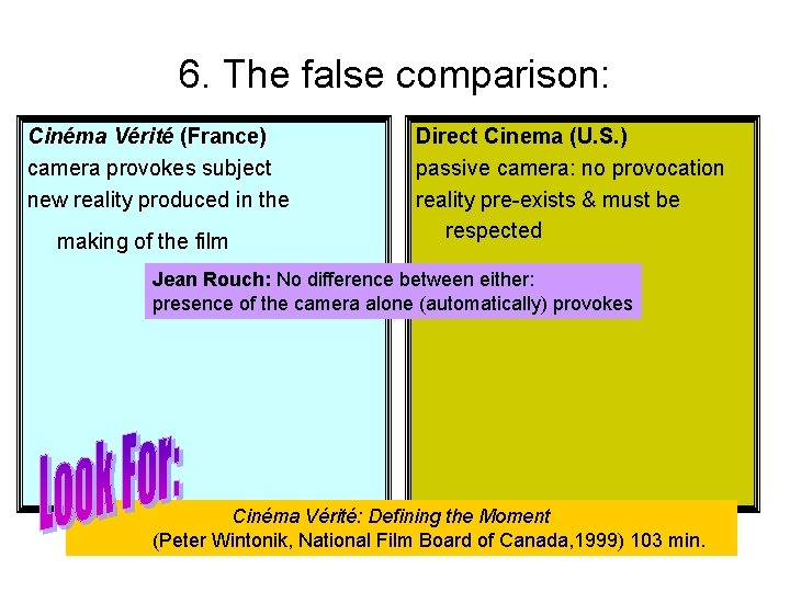 6. The false comparison: Cinéma Vérité (France) camera provokes subject new reality produced in 6. The false comparison: Cinéma Vérité (France) camera provokes subject new reality produced in