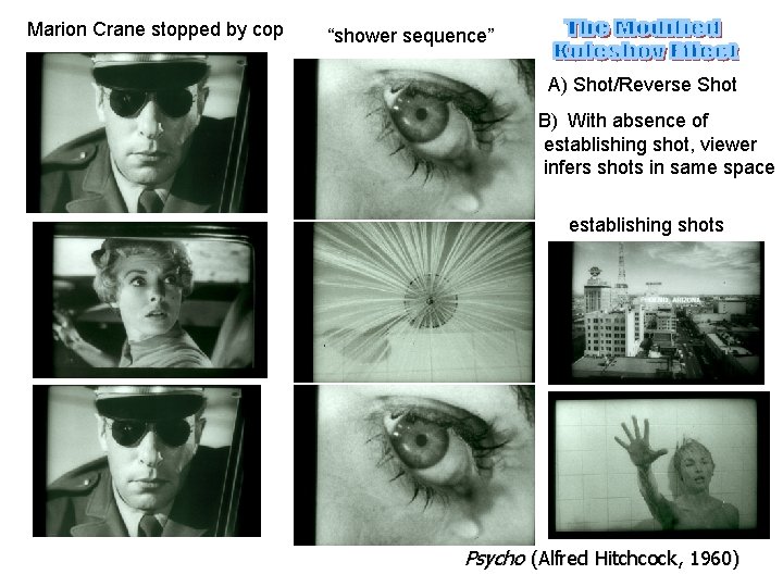 Marion Crane stopped by cop “shower sequence” A) Shot/Reverse Shot B) With absence of Marion Crane stopped by cop “shower sequence” A) Shot/Reverse Shot B) With absence of