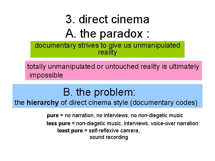 3. direct cinema A. the paradox : documentary strives to give us unmanipulated reality 3. direct cinema A. the paradox : documentary strives to give us unmanipulated reality