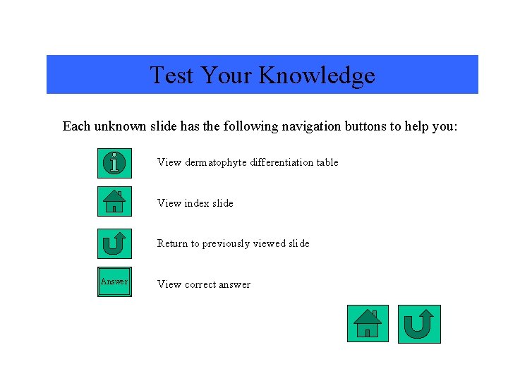 Test Your Knowledge Each unknown slide has the following navigation buttons to help you:
