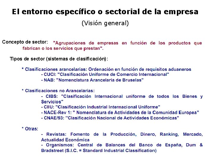 El entorno específico o sectorial de la empresa (Visión general) Concepto de sector: Tipos