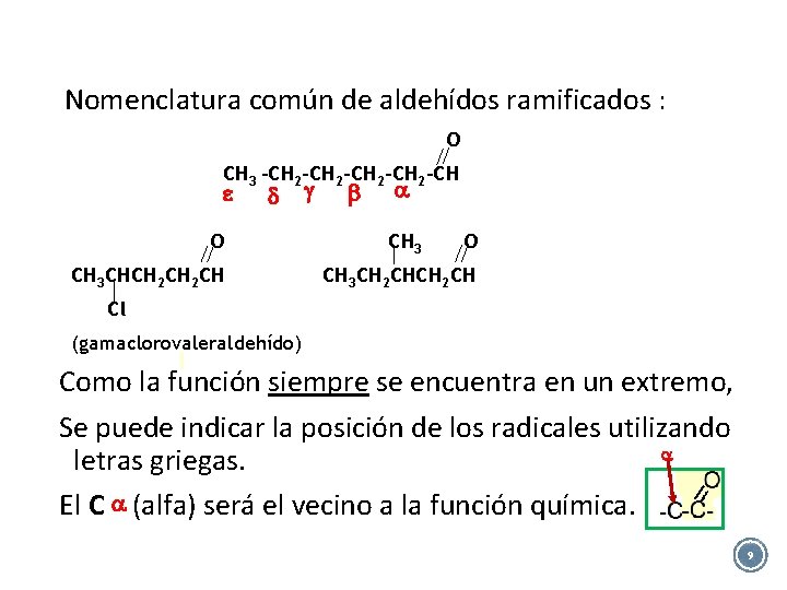 Nomenclatura común de aldehídos ramificados : O CH 3 -CH 2 -CH e d Nomenclatura común de aldehídos ramificados : O CH 3 -CH 2 -CH e d