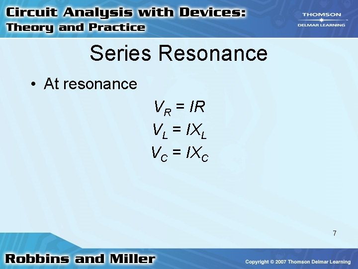 Series Resonance • At resonance VR = IR VL = IXL VC = IXC