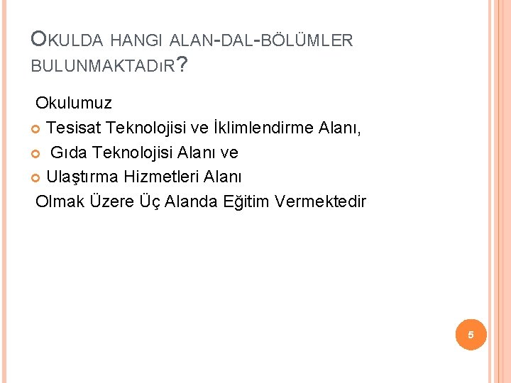 OKULDA HANGI ALAN-DAL-BÖLÜMLER BULUNMAKTADıR? Okulumuz Tesisat Teknolojisi ve İklimlendirme Alanı, Gıda Teknolojisi Alanı ve