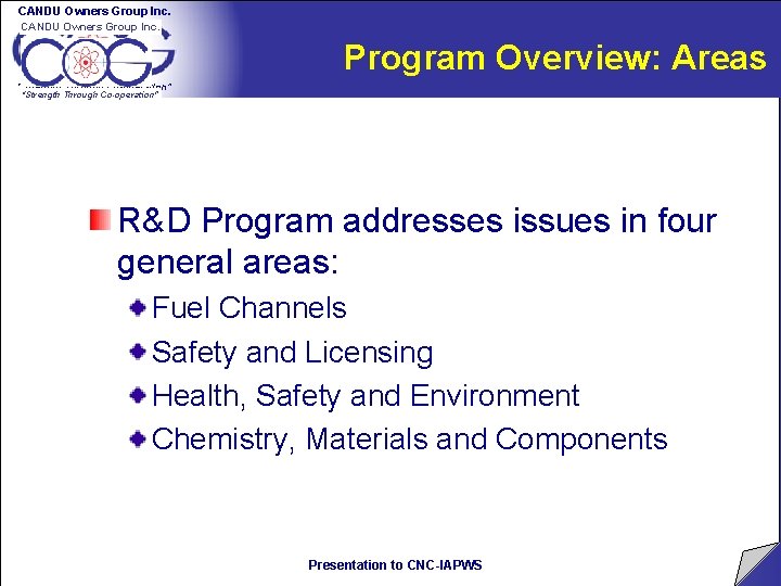 CANDU Owners Group Inc. Program Overview: Areas “Strength Through Co-operation” R&D Program addresses issues CANDU Owners Group Inc. Program Overview: Areas “Strength Through Co-operation” R&D Program addresses issues