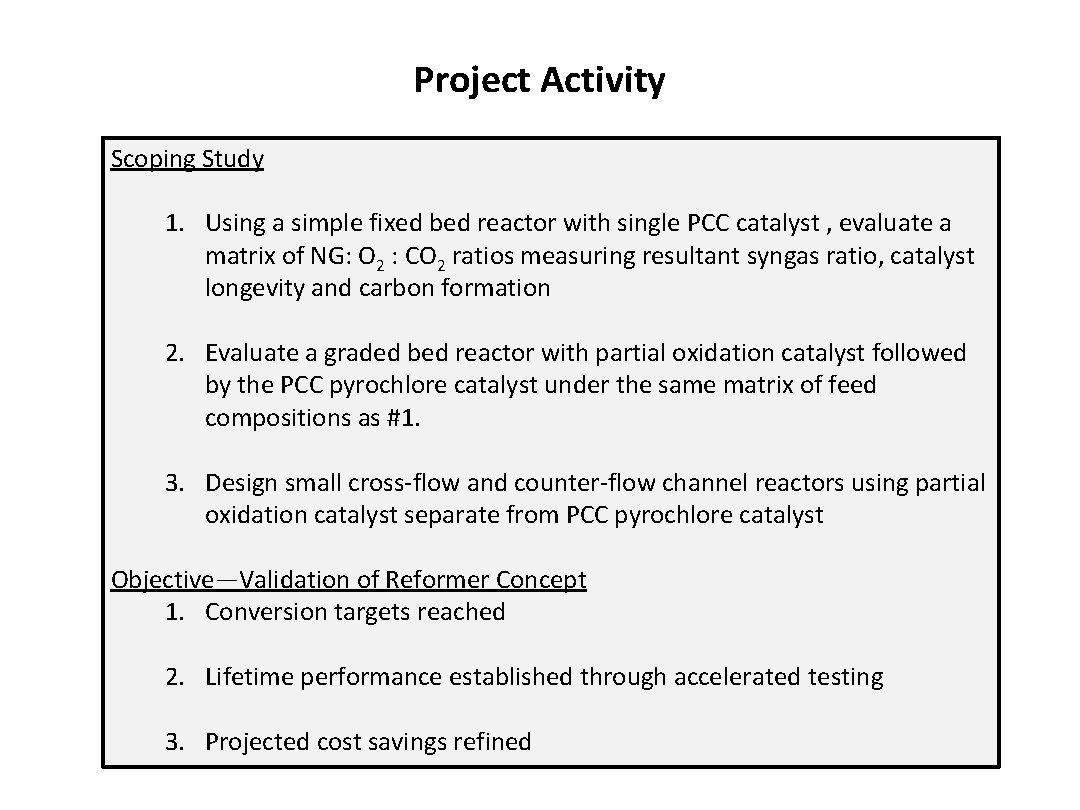 Project Activity Scoping Study 1. Using a simple fixed bed reactor with single PCC