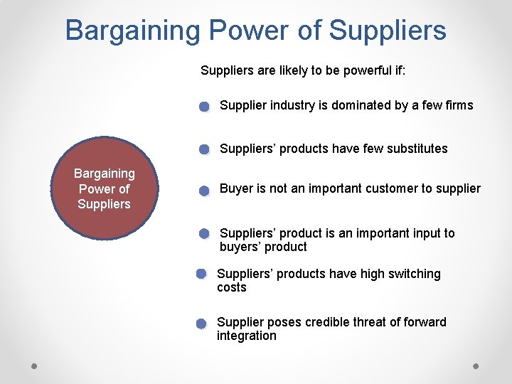 Bargaining Power of Suppliers are likely to be powerful if: Supplier industry is dominated