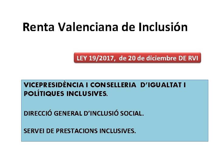 Renta Valenciana de Inclusión LEY 19/2017, de 20 de diciembre DE RVI VICEPRESIDÈNCIA I