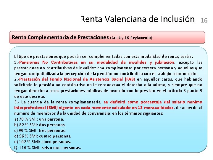 Renta Valenciana de Inclusión 16 Renta Complementaria de Prestaciones (Art. 4 y 16 Reglamento)