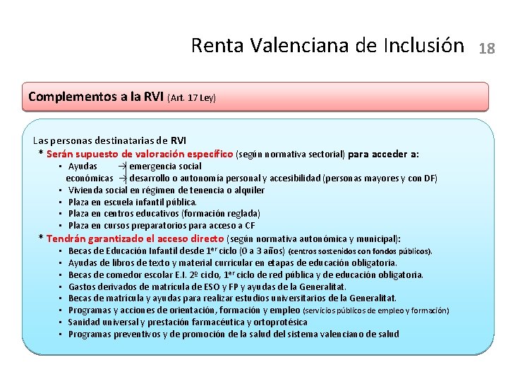 Renta Valenciana de Inclusión Complementos a la RVI (Art. 17 Ley) Las personas destinatarias