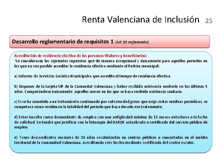 Renta Valenciana de Inclusión 25 Desarrollo reglamentario de requisitos 1 (Art 10 reglamento) Acreditación