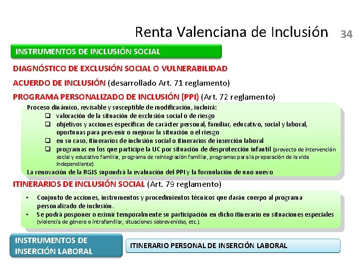 Renta Valenciana de Inclusión INSTRUMENTOS DE INCLUSIÓN SOCIAL DIAGNÓSTICO DE EXCLUSIÓN SOCIAL O VULNERABILIDAD