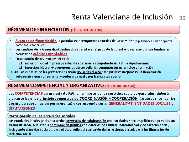 Renta Valenciana de Inclusión RÉGIMEN DE FINANCIACIÓN (TÍT. IV. Art. 37 a 39) •