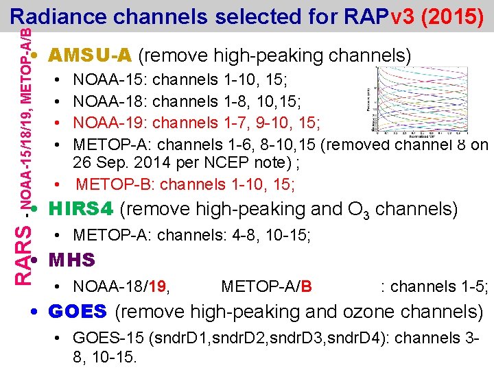 RARS - NOAA-15/18/19, METOP-A/B Radiance channels selected for RAPv 3 (2015) • AMSU-A (remove