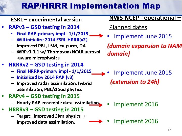 RAP/HRRR Implementation Map HRRR (and HRRR RAP) Milestones Future Milestones ESRL – experimental version