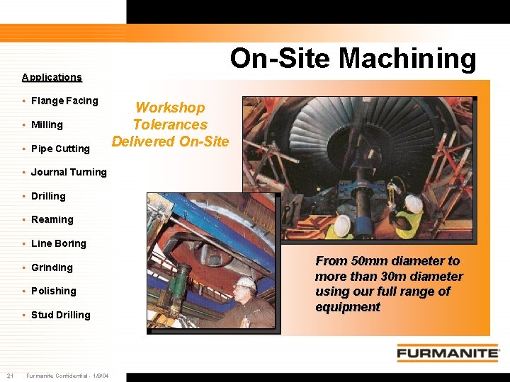 On-Site Machining Applications • Flange Facing • Milling • Pipe Cutting Workshop Tolerances Delivered On-Site Machining Applications • Flange Facing • Milling • Pipe Cutting Workshop Tolerances Delivered