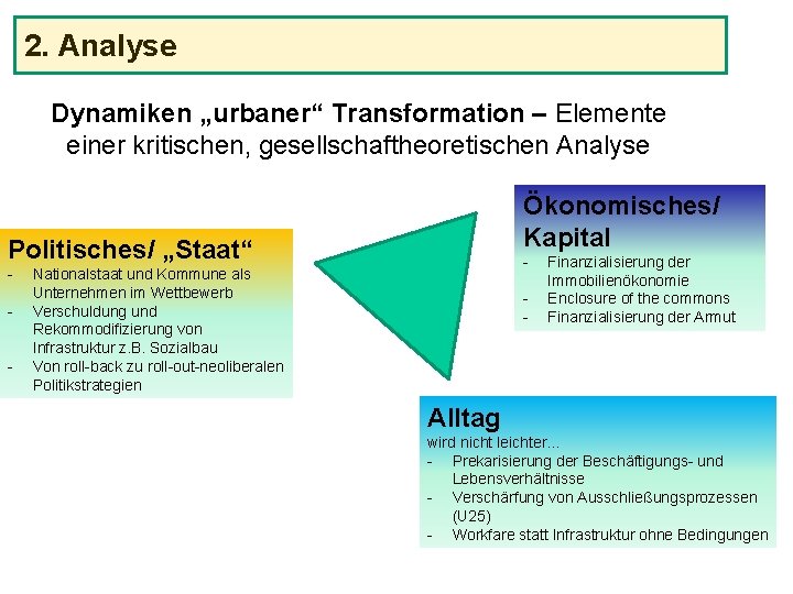 2. Analyse Dynamiken „urbaner“ Transformation – Elemente einer kritischen, gesellschaftheoretischen Analyse Ökonomisches/ Kapital Politisches/