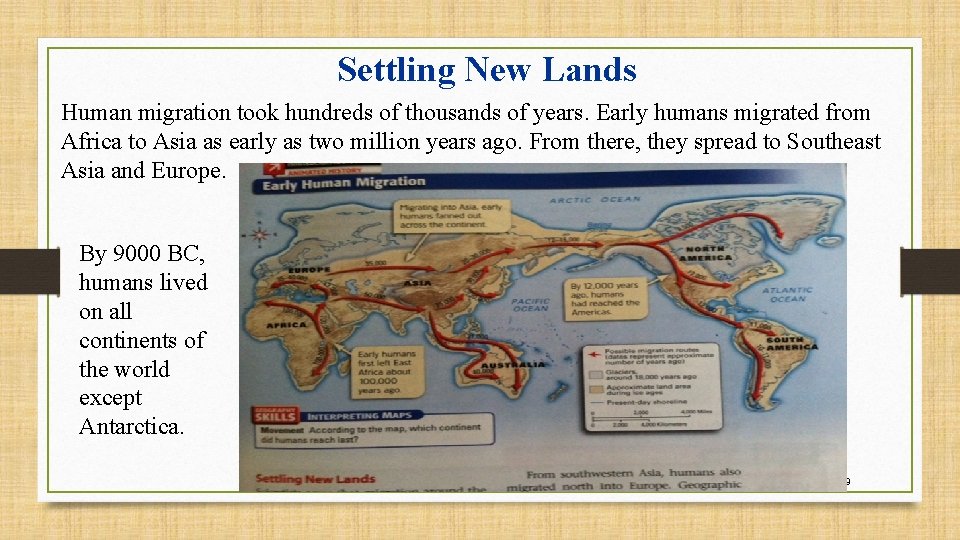 Settling New Lands Human migration took hundreds of thousands of years. Early humans migrated