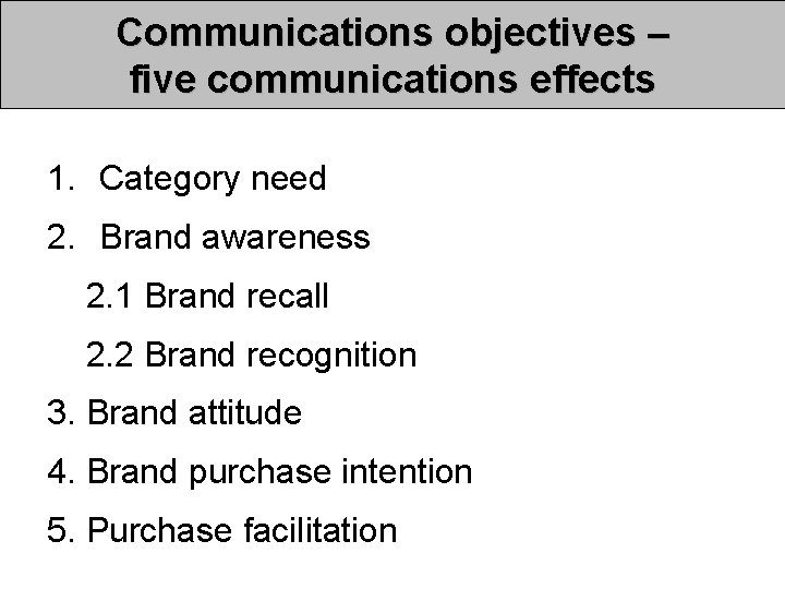 Communications objectives – five communications effects 1. Category need 2. Brand awareness 2. 1 Communications objectives – five communications effects 1. Category need 2. Brand awareness 2. 1