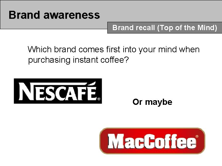 Brand awareness Brand recall (Top of the Mind) Which brand comes first into your Brand awareness Brand recall (Top of the Mind) Which brand comes first into your